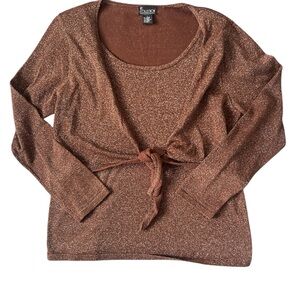 NY Collection Women’s Brown Shimmer Front Tie Layered Top | Large